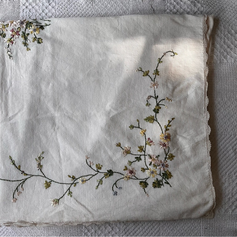 Waffle knit floral embroidered shower curtain